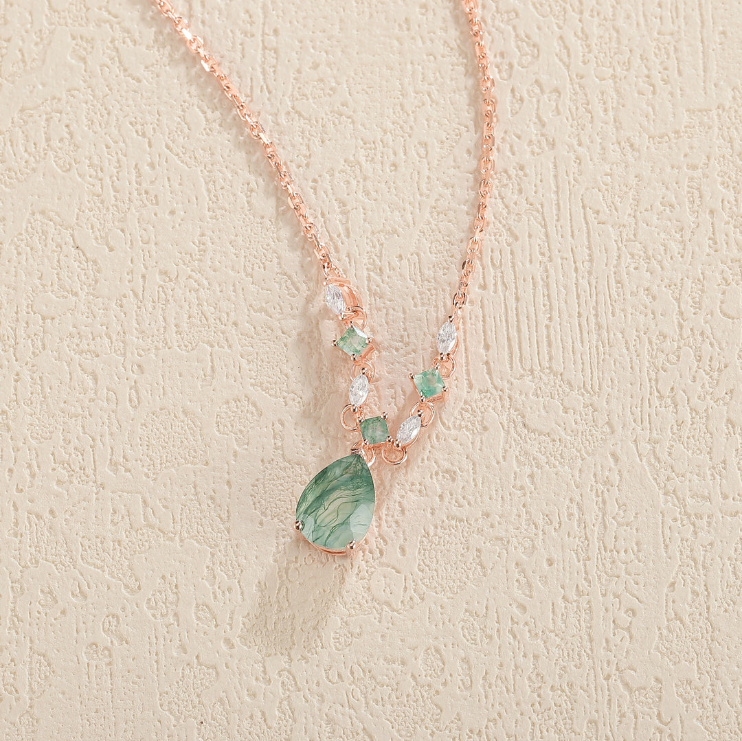 Cluster Pear Cut Moss Agate  and Moissanite Necklace