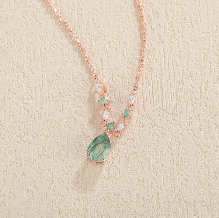 Cluster Pear Cut Moss Agate  and Moissanite Necklace