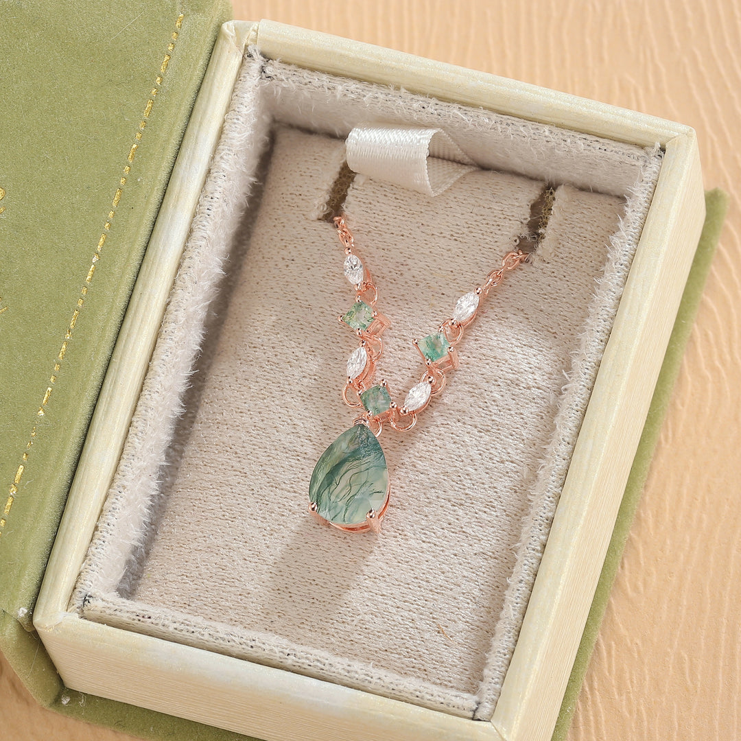 Cluster Pear Cut Moss Agate  and Moissanite Necklace - Iver Jewelry
