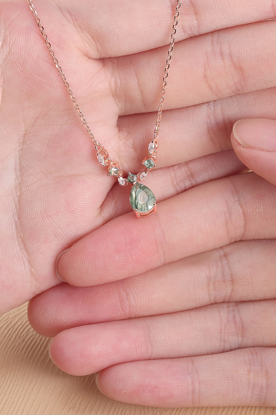 Cluster Pear Cut Moss Agate  and Moissanite Necklace