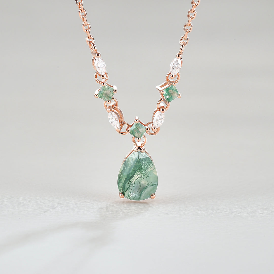 Cluster Pear Cut Moss Agate  and Moissanite Necklace