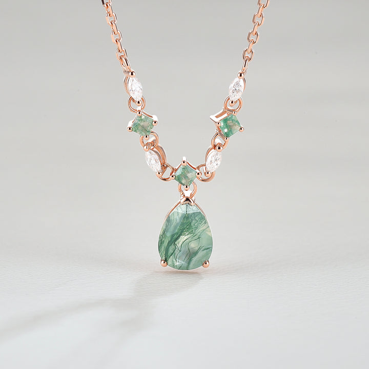 Cluster Pear Cut Moss Agate  and Moissanite Necklace