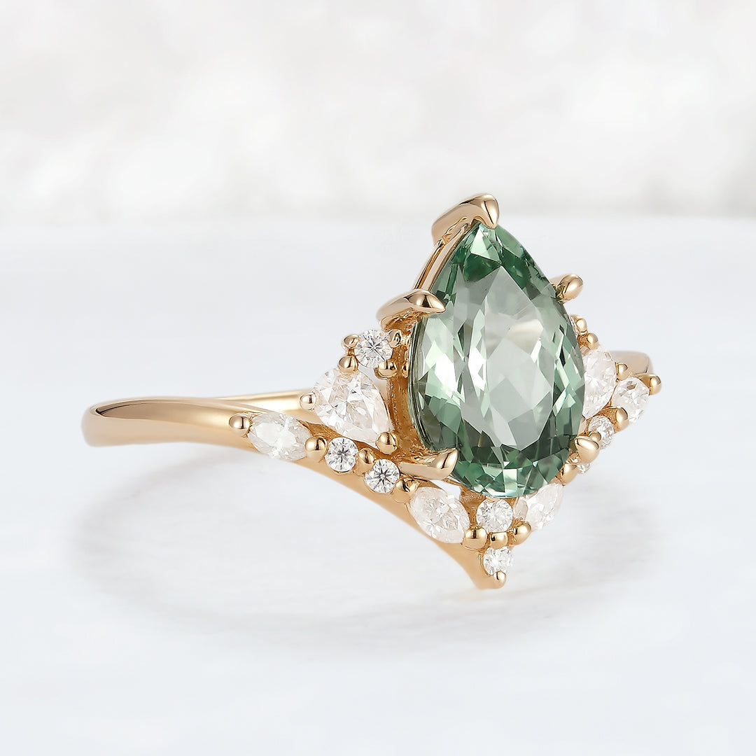 Cluster Pear Cut Sapphire and Moissanite Gold Engagement Ring