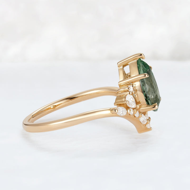 Cluster Pear Cut Sapphire and Moissanite Gold Engagement Ring