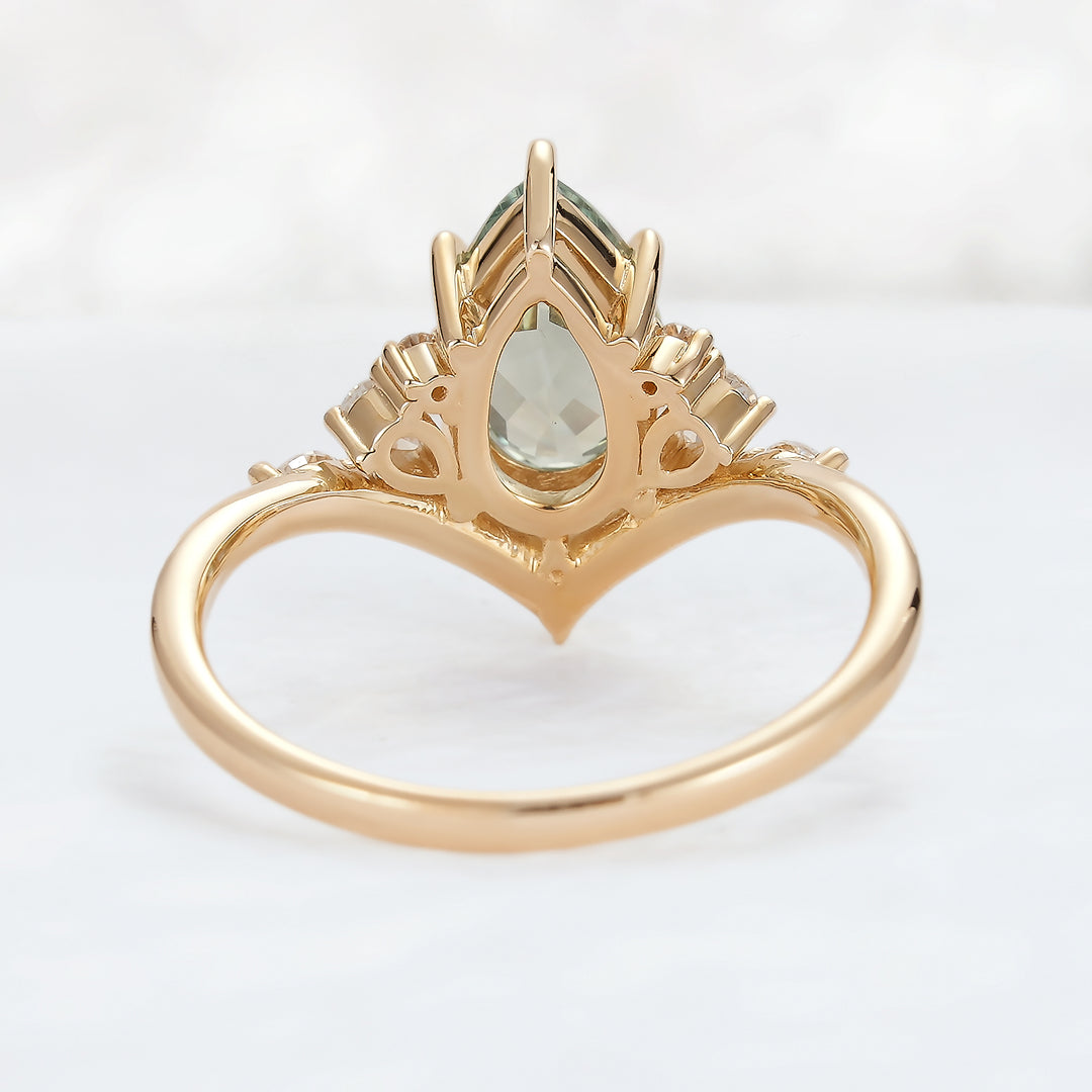 Cluster Pear Cut Sapphire and Moissanite Gold Engagement Ring