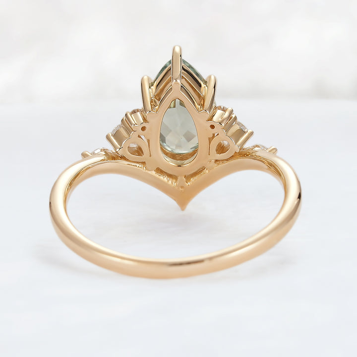 Cluster Pear Cut Sapphire and Moissanite Gold Engagement Ring