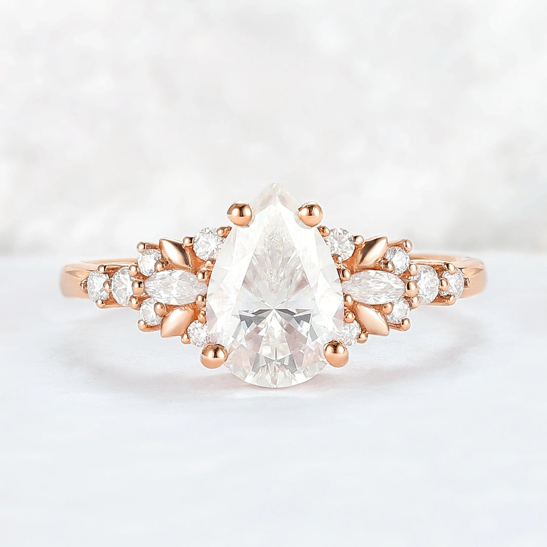 Cluster Pear Shaped Moissanite Gemstone Ring