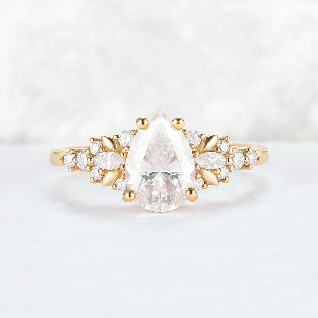 Cluster Pear Shaped Moissanite Gemstone Ring