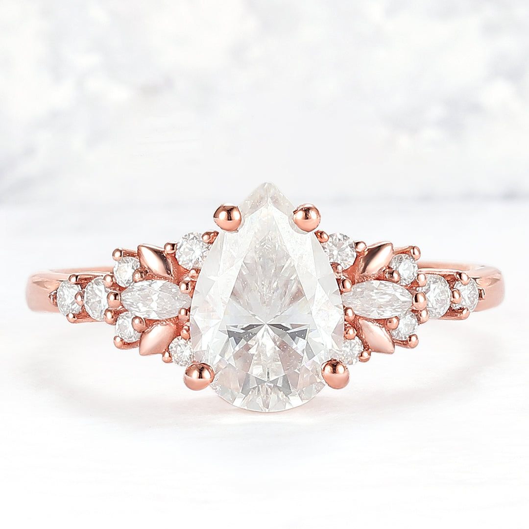 Cluster Pear Shaped Moissanite Gemstone Ring