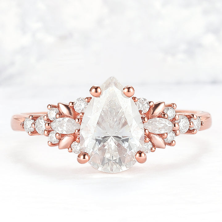 Cluster Pear Shaped Moissanite Gemstone Ring