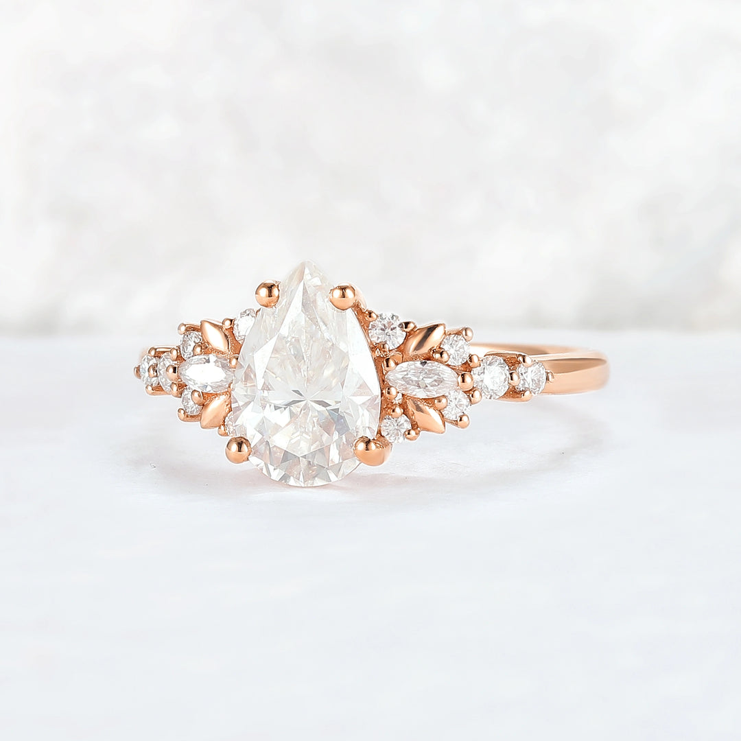 Cluster Pear Shaped Moissanite Gemstone Ring