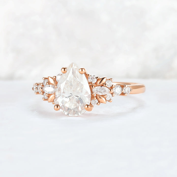 Cluster Pear Shaped Moissanite Gemstone Ring