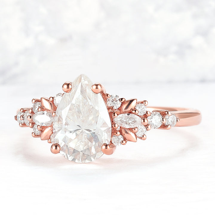 Cluster Pear Shaped Moissanite Gemstone Ring