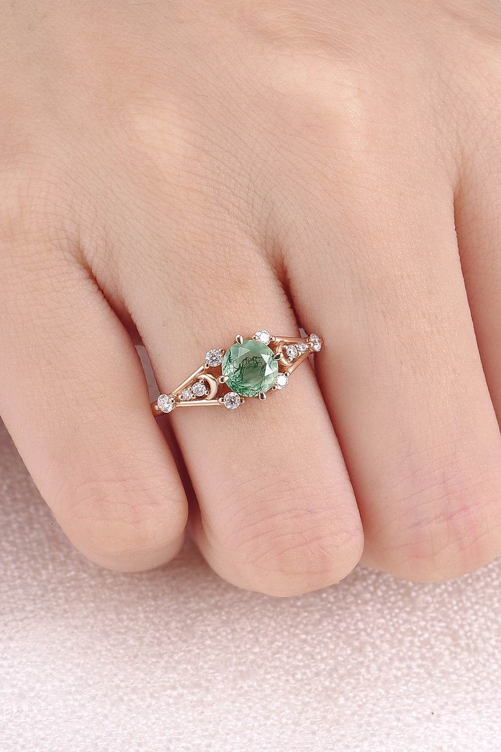 Cluster Round Cut Moss Agate Moon & Sun Gemstone Ring