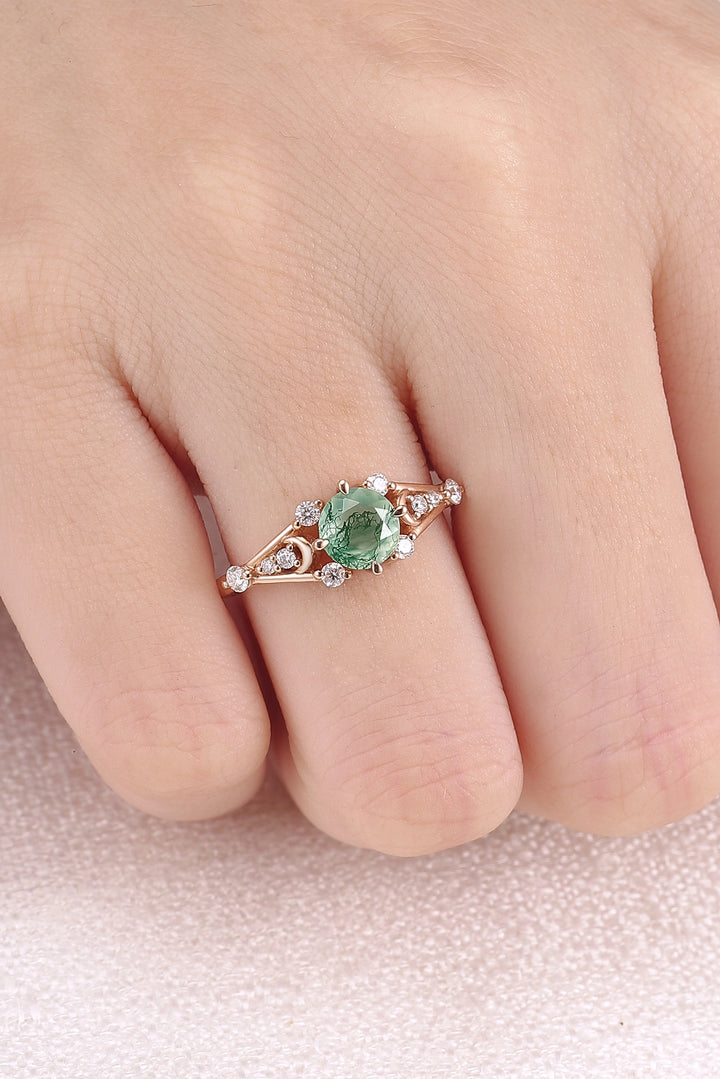 Cluster Round Cut Moss Agate Moon & Sun Gemstone Ring