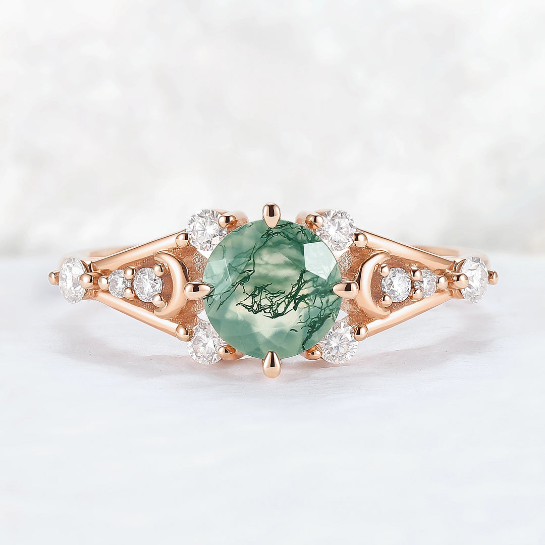 Cluster Round Cut Moss Agate Moon & Sun Gemstone Ring