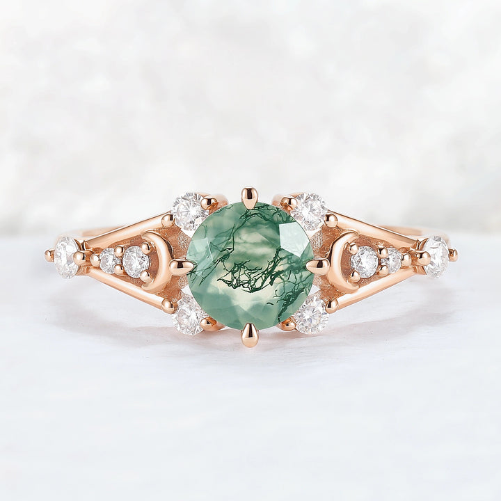 Cluster Round Cut Moss Agate Moon & Sun Gemstone Ring