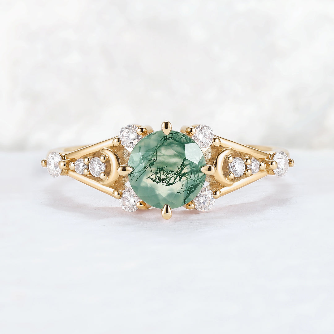 Cluster Round Cut Moss Agate Moon & Sun Gemstone Ring