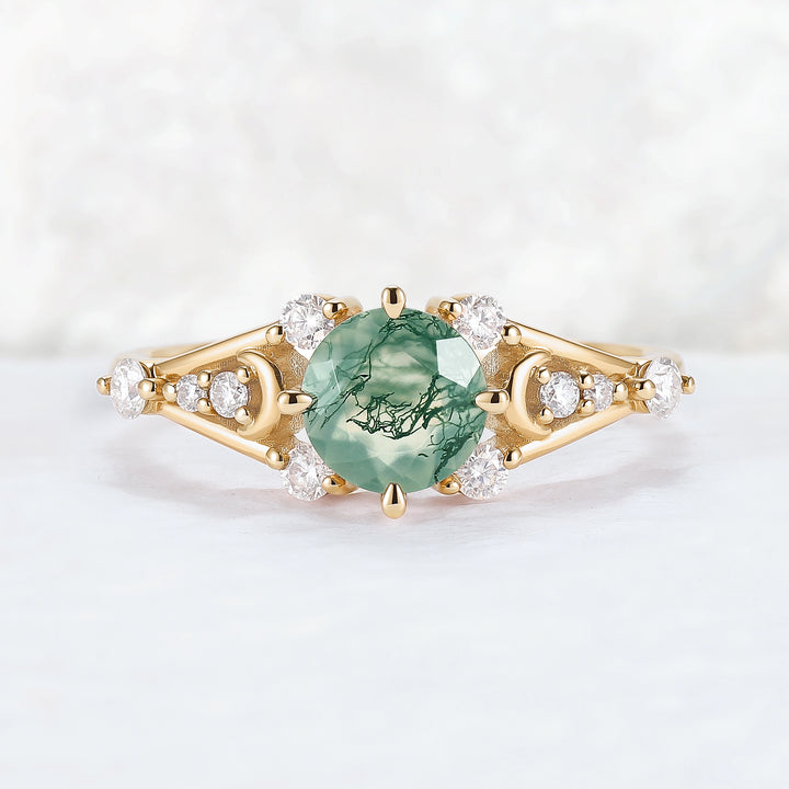 Cluster Round Cut Moss Agate Moon & Sun Gemstone Ring