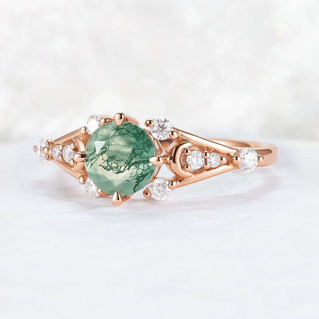 Cluster Round Cut Moss Agate Moon & Sun Gemstone Ring