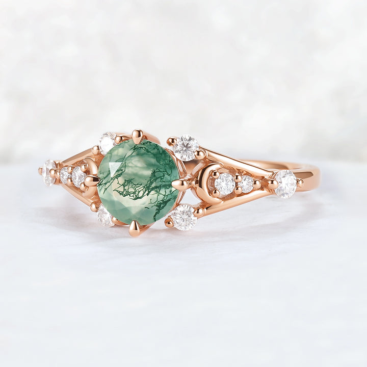 Cluster Round Cut Moss Agate Moon & Sun Gemstone Ring