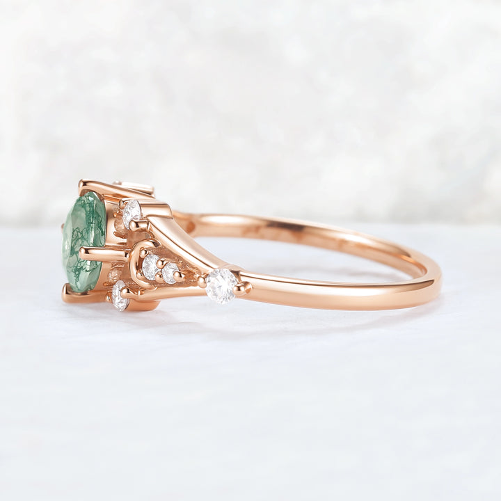 Cluster Round Cut Moss Agate Moon & Sun Gemstone Ring