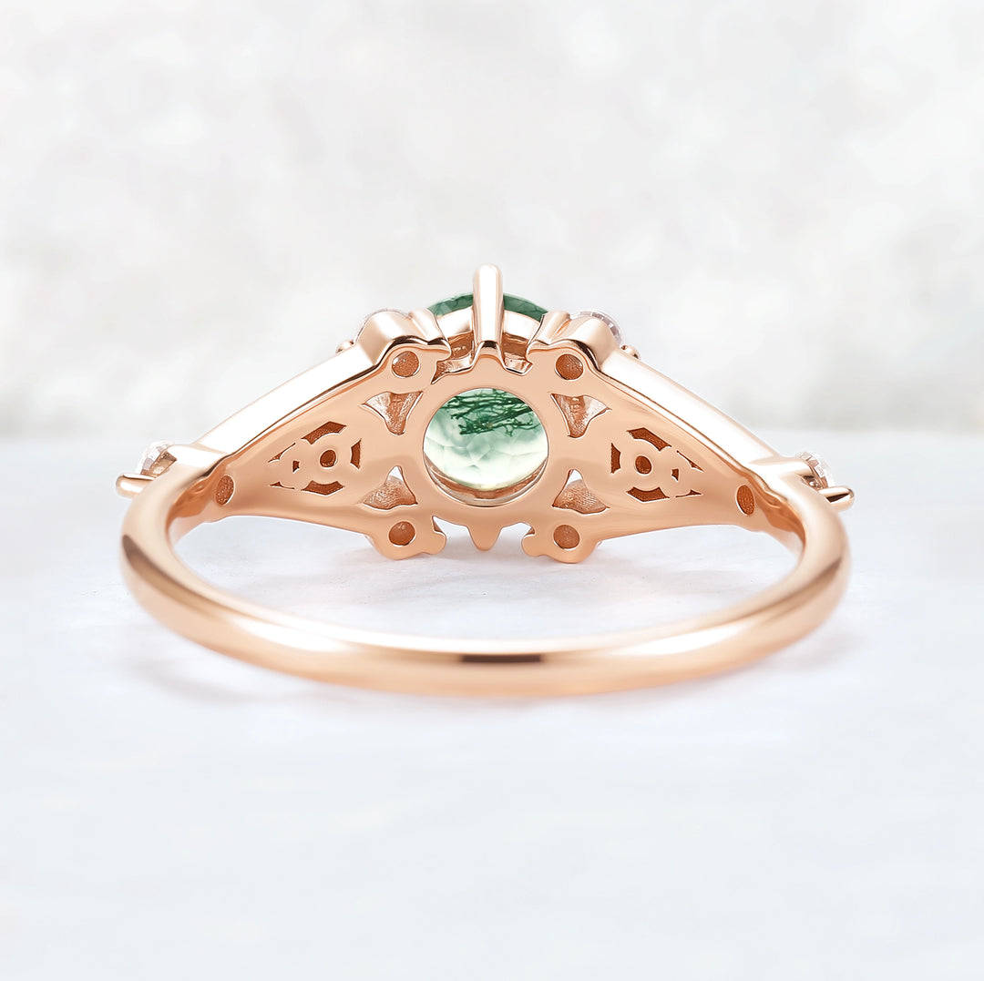 Cluster Round Cut Moss Agate Moon & Sun Gemstone Ring