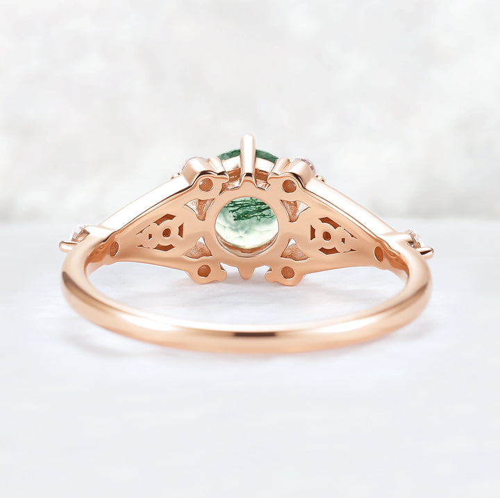 Cluster Round Cut Moss Agate Moon & Sun Gemstone Ring