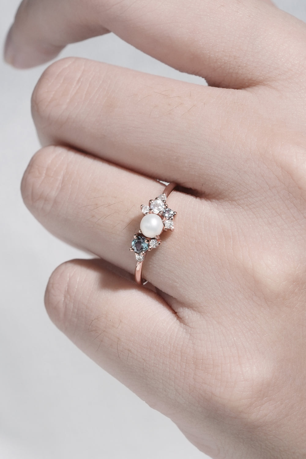 Cluster Round Shaped Pearl and Moissanite Bridal Ring