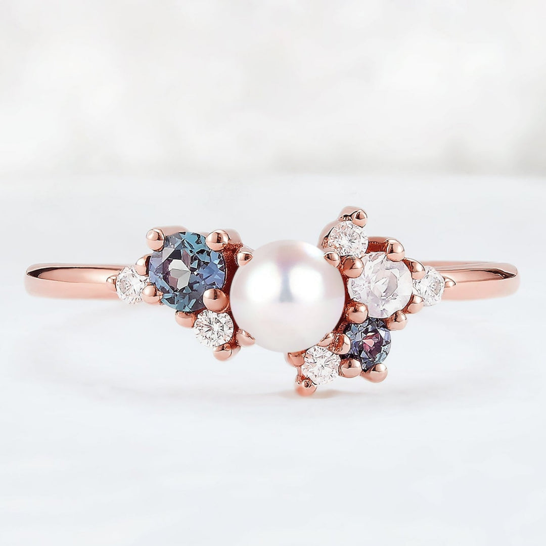 Cluster Round Shaped Pearl and Moissanite Bridal Ring