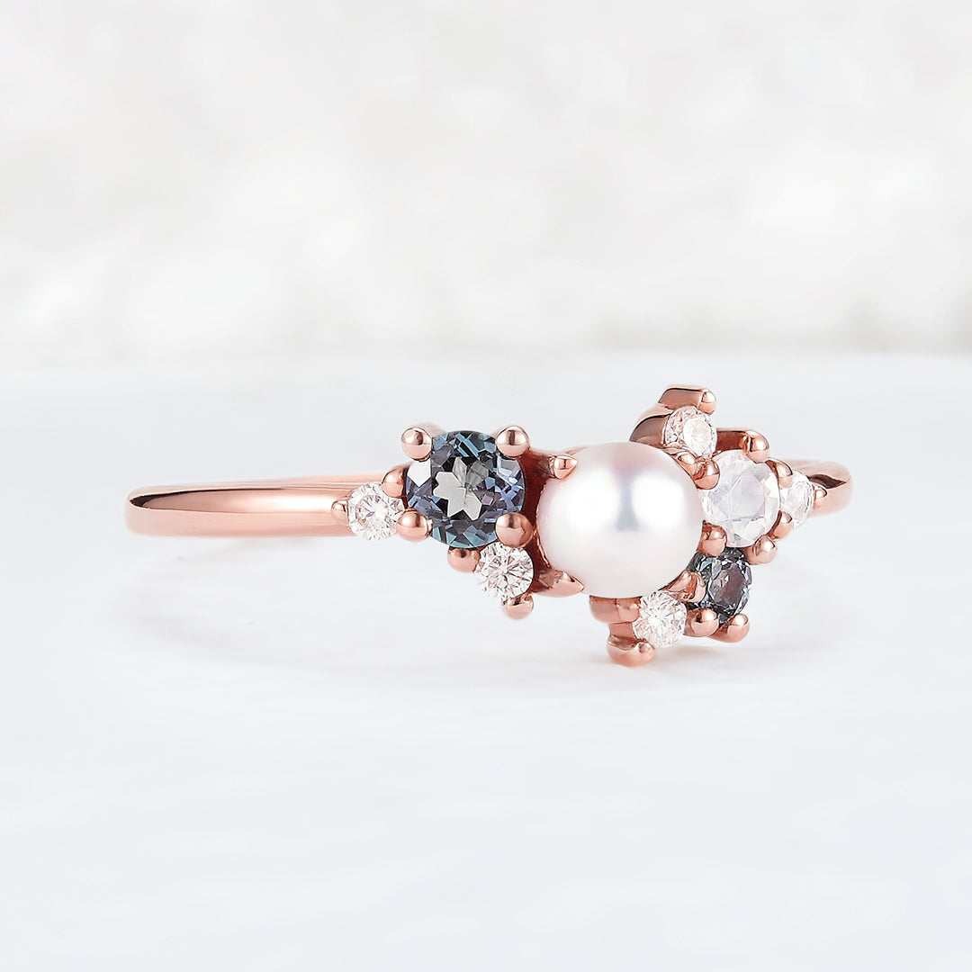 Cluster Round Shaped Pearl and Moissanite Bridal Ring