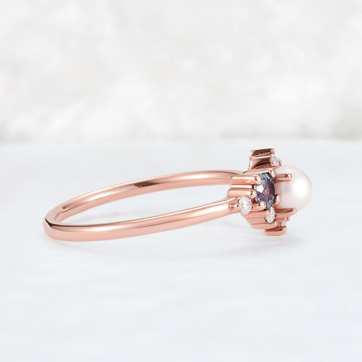 Cluster Round Shaped Pearl and Moissanite Bridal Ring
