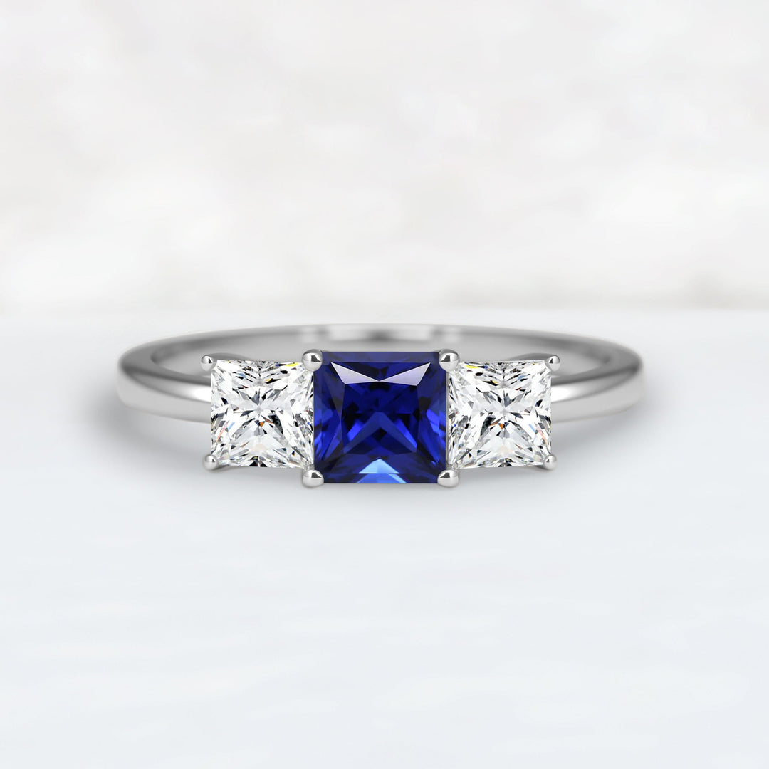 Cluster Square Cut Sapphire Three Stones Engagement Ring