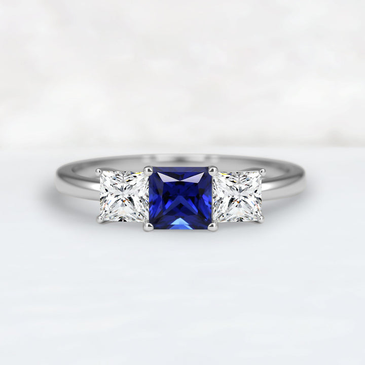 Cluster Square Cut Sapphire Three Stones Engagement Ring
