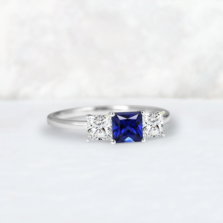 Cluster Square Cut Sapphire Three Stones Engagement Ring