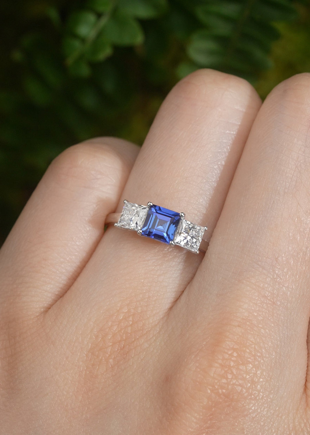 Cluster Square Cut Sapphire Three Stones Engagement Ring