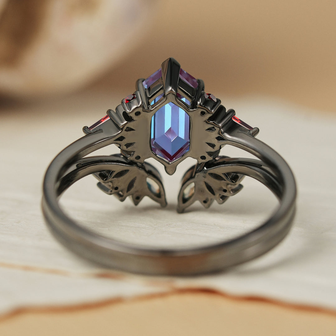 Clutser Hexagon Cut Alexandrite and Garnet Moon Ring Set 2pcs
