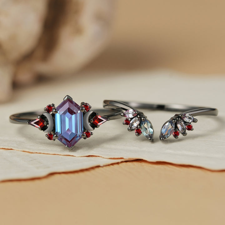 Clutser Hexagon Cut Alexandrite and Garnet Moon Ring Set 2pcs