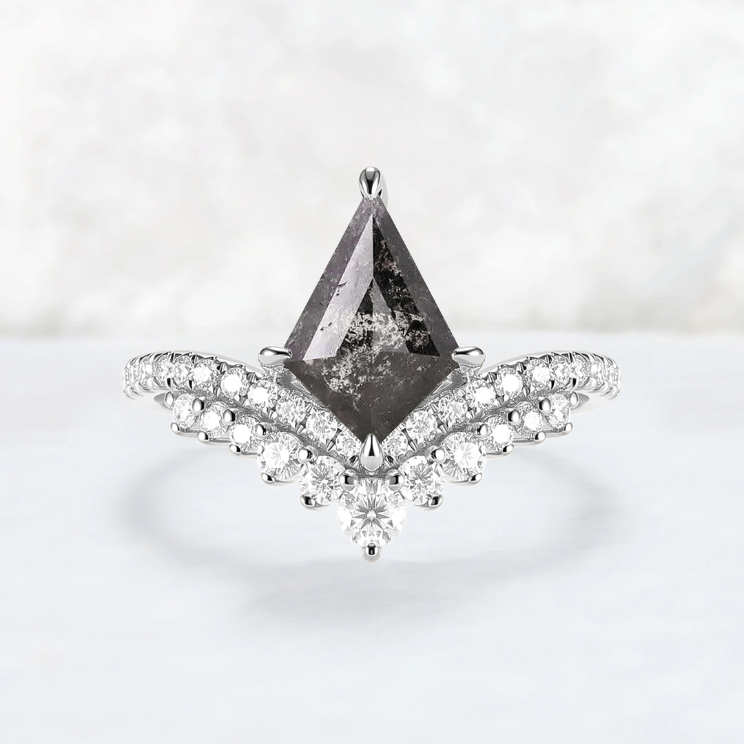 Crown Kite Cut Salt and Pepper Crystals Gemstone Ring