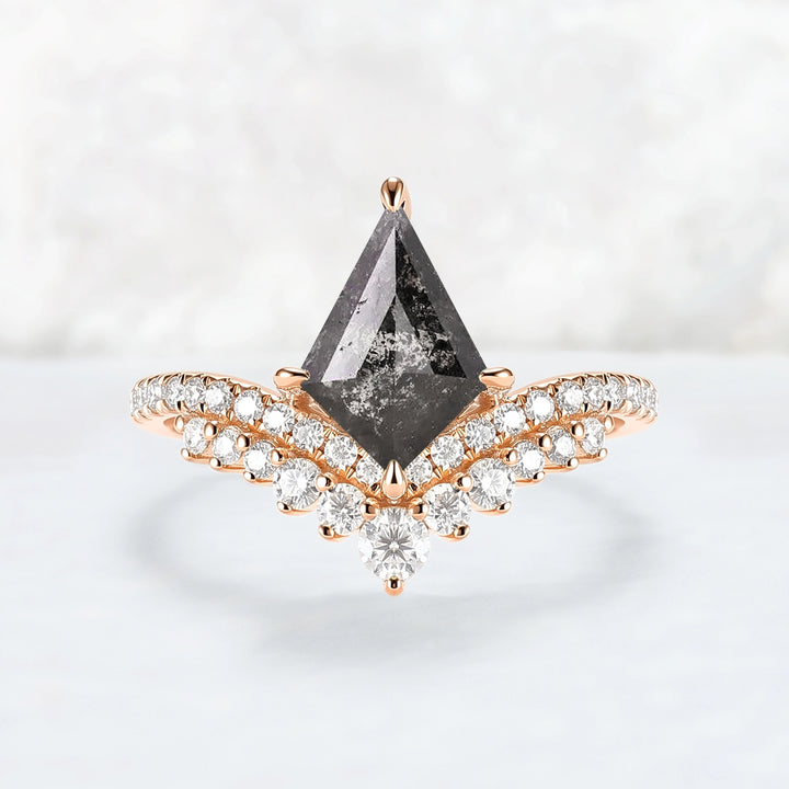 Crown Kite Cut Salt and Pepper Crystals Gemstone Ring