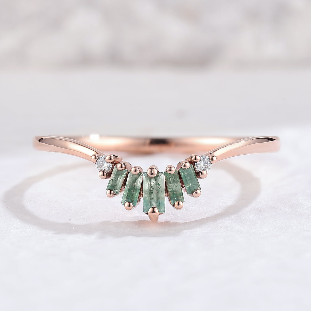 Curved Baguette Cut Moss Agate Moissanite Wedding Band