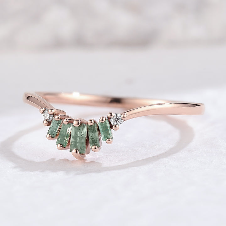 Curved Baguette Cut Moss Agate Moissanite Wedding Band