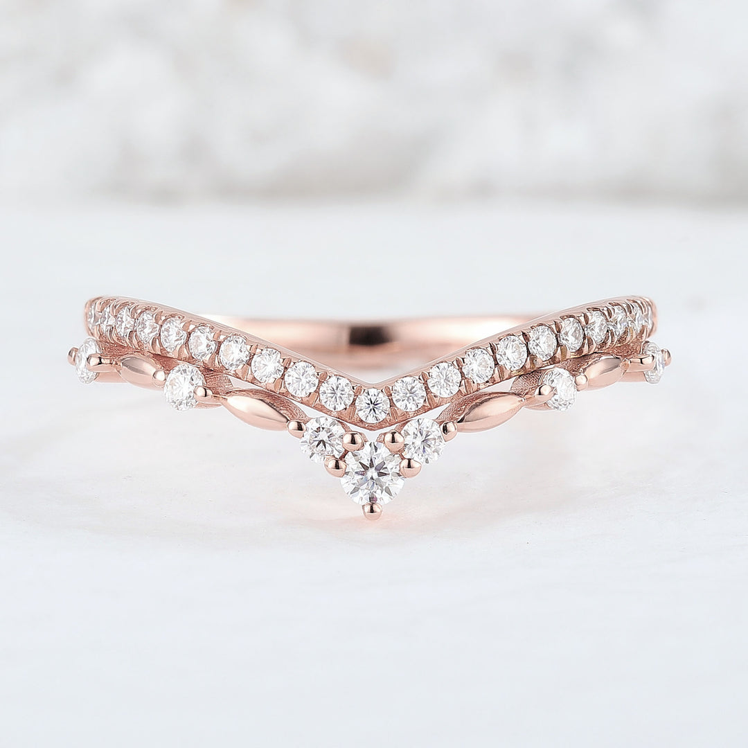 Curved Round Cut Moissanite 14k Rose Gold Wedding Band