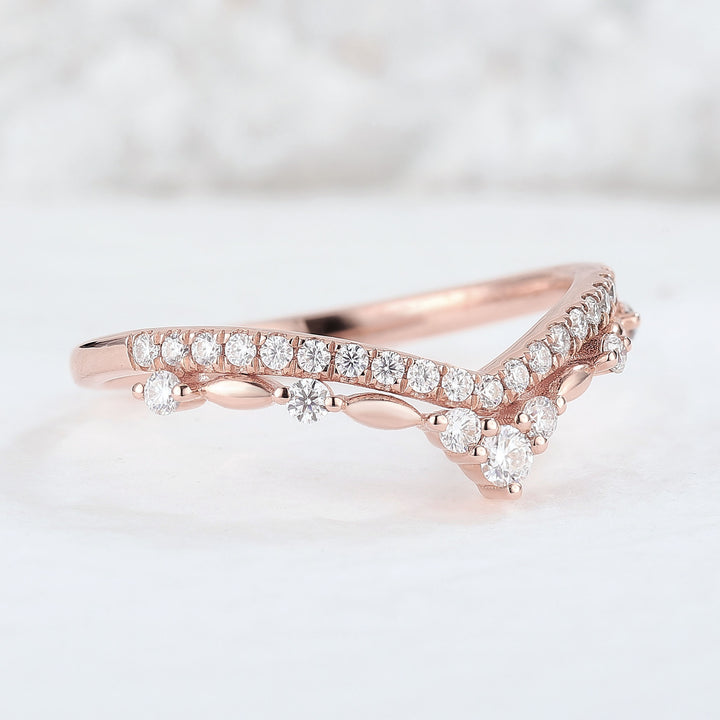 Curved Round Cut Moissanite 14k Rose Gold Wedding Band