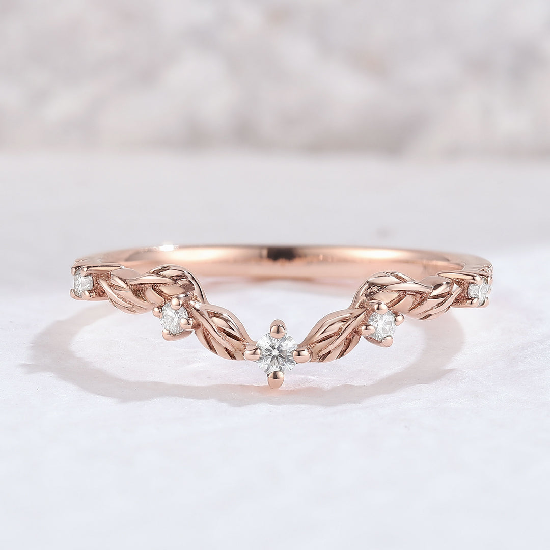 Curved Round Cut Moissanite Leaf Rose Gold Wedding Band