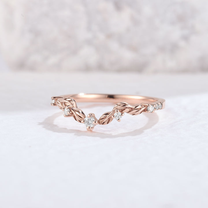 Curved Round Cut Moissanite Leaf Rose Gold Wedding Band