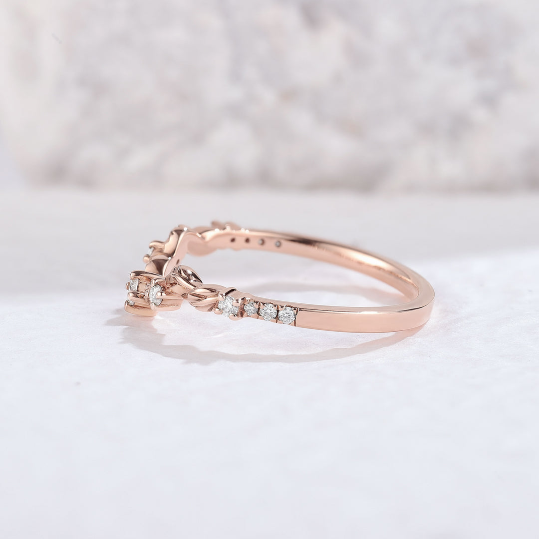 Curved Round Cut Moissanite Leaf Rose Gold Wedding Band