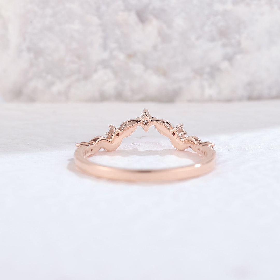 Curved Round Cut Moissanite Leaf Rose Gold Wedding Band