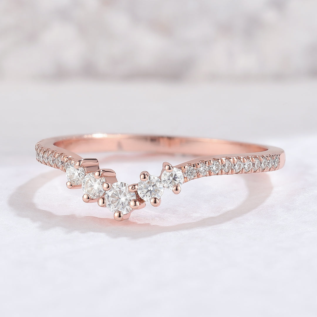 Curved Round Cut Moissanite Rose Gold Wedding Band