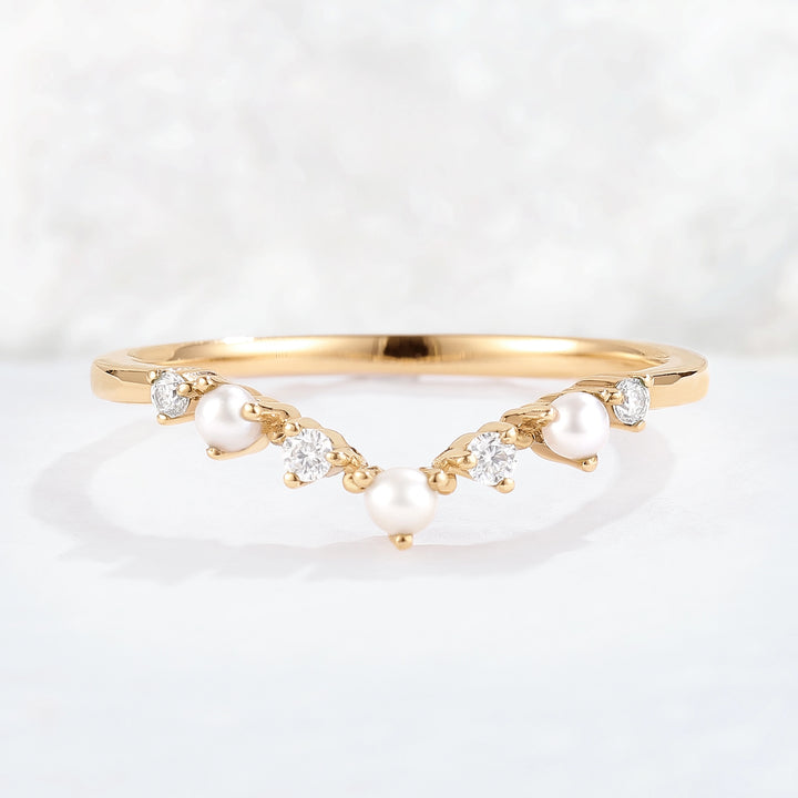Curved Round Cut Moissanite and Pearl Stacking Ring